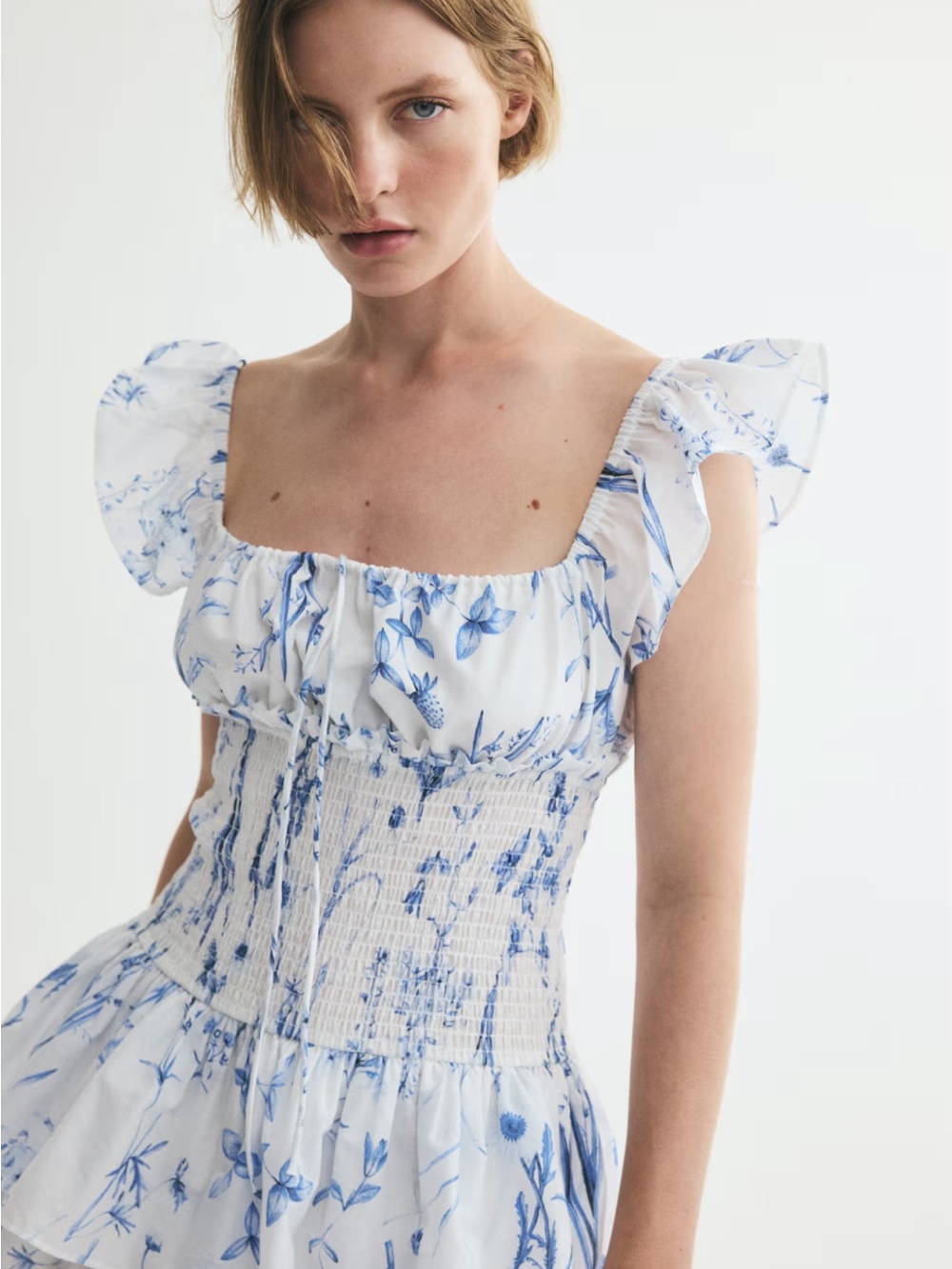 H&M Ruffle Tiered Skirt White Mini Dress with Blue Floral Print - Picture 2 of 12